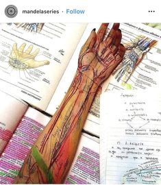 a person's hand is shown on top of an open book with medical diagrams