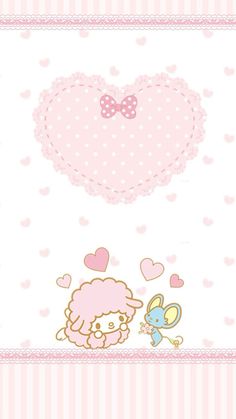 a pink and white wallpaper with hearts, sheep and heart shaped frame on it