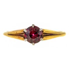 Antique 1915 Garnet Solitaire Ring sold by Doyle & Doyle vintage and antique jewelry boutique. Classic Engraved Ruby Ring For Formal Occasions, Formal Hallmarked Ruby Ring With Round Band, Vintage Yellow Gold Birthstone Ring For Formal Occasions, Classic Yellow Gold Ruby Ring For Formal Occasions, Classic Yellow Gold Ruby Ring For Formal Events, Formal Solitaire Ruby Ring In Yellow Gold, Formal Yellow Gold Ruby Solitaire Ring, Classic Engraved Ruby Ring, Heirloom Ruby Ring In Yellow Gold For Formal Occasions