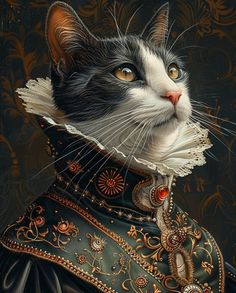 a painting of a cat wearing a black and white outfit with gold details on it's collar