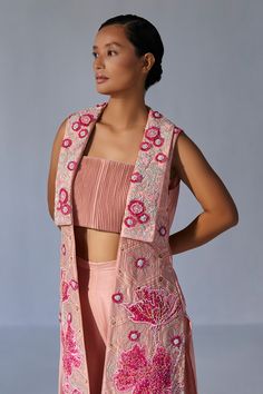 Buy Pink Silk Embroidery 3d Floral Jacket Open Pant Set For Women by Koashee by Shubitaa Online at Aza Fashions. Pink Embellished Spring Outerwear, Sleeveless Sequin Sets For Spring, Spring Sleeveless Sequin Sets, Spring Sequined Sleeveless Sets, Chic Pink Festive Sets, Chic Pink Festive Set, Fitted Pink Silk Palazzo Set, Elegant Sequin Palazzo Set For Spring, Pink Sequined Palazzo Set For Party