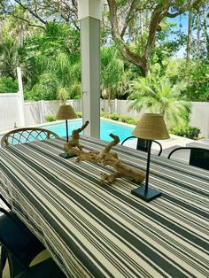 a table with two lamps on it next to a pool