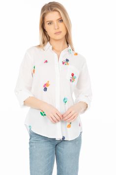 This white button down shirt is made from 100% natural cotton voile fabric. It also features floral embroidery.Model is 5’8” - wearing size small. Model Bust: 34” Hand-wash cold, lay flat to dry.Made in India. White Shirt With Floral Embroidery And Spread Collar, White Embroidered Shirt With Spread Collar, White Embroidered Button-up Shirt, Spring Shirt With Embroidery And Spread Collar, Spring Shirt With Embroidered Spread Collar, Spring Embroidered Shirt With Spread Collar, White Button-up Top With Floral Embroidery, White Floral Embroidered Button-up Top, Embroidered Shirt With Spread Collar For Spring