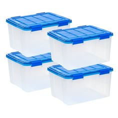 three plastic storage containers with blue lids and handles on each side, set against a white background