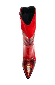 A patchwork of mixed textures and shining studs add a contemporary western-appeal to a pointed toe boot. 3.25" heel 8" shaft height, 11" opening circumference Side zip closure Cushioned footbed Manmade upper and lining, rubber sole Imported Embossed Boots, Chic Leather, Emboss, Womens Boots, Nordstrom, Boots, Heels, Leather