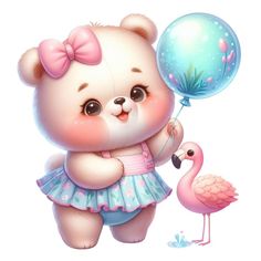 a teddy bear holding a balloon and a flamingo