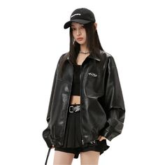 Korean Casual Leather Jacket – Pastel Kitten Dark Tiger, Unique Clothing Stores, Punk Leather Jacket, Techwear Fashion, Casual Leather Jacket, Rash Guard Swimwear, Dark Outfits, Korean Casual, Goth Outfits