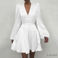 Lasaky - Satin Sheen Slim-fit Dress with Lantern Sleeves and Short Skirt Design Bishop Sleeve Dress, Short Satin Dress, Mode Prints, White Silk Dress, Short Dress Styles, Designer Midi Dresses, Puff Long Sleeves, Retro Mode, V Neck Midi Dress