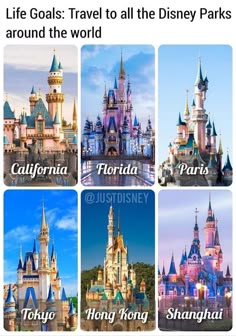 the disney castle is shown in four different pictures, with caption that says life goals travel to all the parks around the world