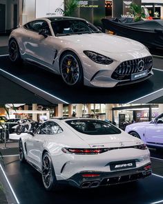 two pictures of different cars on display in a showroom