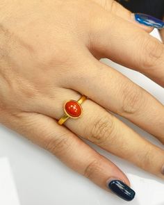 Certificated Natural Red Coral Dainty Cabachon Ring * 14K Solid Gold & Genuine Coral Stone * Best Gift for Her/Him * Handmade Ring ◎ Details ◎ ○ Gemstone Details .Certificated Natural Red Coral Oval Cut 9.94X6.85 mm approx. 1.44 ct ○ Gold Details 14K Solid Gold Width of Band : 2.50 mm Weight of Ring : approx 3.80 gr Made to Order HANDMADE ITEM ○ Upgrade to Solid 18K Gold, please click the link below: https://www.etsy.com/listing/962826004 ○ For more CABACHON BEZEL rings : http://etsy.me/37fv Coral Rings For Women Gold, Pagadam Rings For Women, Rose Gold Engagement Ring Simple, Coral Jewellery, Pearl Earrings Designs, Bridal Jewelry Sets Brides, Buy Gold And Silver