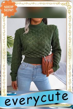 Army Green Diamond-shaped Hollow-out Knit Crop Sweater Crop Sweater, Green Diamond, Color Pick, Diamond Shaped, Knit Crop, Winter Sweaters, Cropped Sweater, Diamond Shapes, Army Green