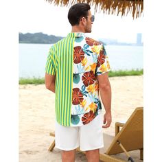 High Quality Fabric: Men's Hawaii short sleeved set is made of slightly elastic fabric, which is soft, lightweight, breathable, sweat absorbing, and wrinkle free. In any season, especially on hot days, it can provide you with the most comfortable wearing experience. Unique Design: This men's beach set combines tropical elements with classic vertical stripes, giving the shirt set a rich and colorful visual effect, full of exotic charm and vitality. The shirt features a lapel, short sleeves, butto Summer Short Sleeve Outdoor Shirt, Summer Outdoor Short Sleeve Shirt, Outdoor Summer Shirt With Short Sleeves, Short Sleeve Camp Shirt For Summer Outdoor, Multicolor Short Sleeve Shirt For Summer Vacation, Relaxed Fit Short Sleeve Shirt For Summer Outdoor, Green Short Sleeve Summer Shirt, Multicolor Short Sleeve Shirt For Summer, White Summer Camp Shirt For Outdoor