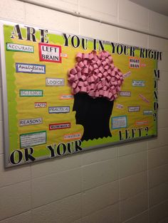 a bulletin board with pink sticky notes on it that says are you in your right or your left hand?