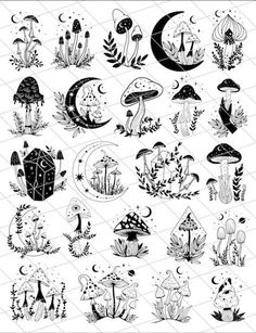 an illustration of various mushrooms and plants in black and white, with the moon above them