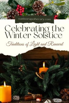 an advertisement for the winter solstice, with candles and evergreens on it