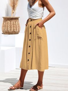 Material: PolyesterSeason: Spring, Summer, AutumnPattern: Button, PocketsStyle: Street Style, Casual styleFit: Regular fit Button Skirt Outfit, Midi A Line Skirt, Outfits Jeans, Modest Summer Dresses, Midi Skirt With Pockets, Wedding Dress With Pockets, Casual Skirt Outfits, Button Skirt, Smart Casual Outfit