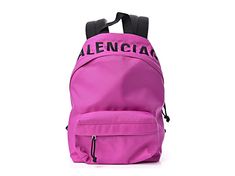 Balenciaga Nylon Wheel Logo Backpack Fuchsia. This stylish backpack is crafted of nylon in fuchsia. The bag features an embroidered black Balenciaga logo across the top, a front zipper pocket, a black canvas top handle, and adjustable padded black shoulder straps. The wrap-around silver zippers open the bag to a black nylon interior with zipper and patch pockets. This lovely backpack is spacious enough for all of your necessities, with the fashion forward appeal of Balenciaga!    Model: 565798 Nylon Bag With Embroidered Logo For Everyday Use, Functional Pink Bags For Streetwear, Everyday Nylon Bags With Embroidered Logo, Nylon Logo Backpack, Logo Nylon Backpack, Sporty Pink Backpack For Streetwear, Casual Nylon Backpack With Logo, School Nylon Bag With Logo, School Nylon Backpack With Logo