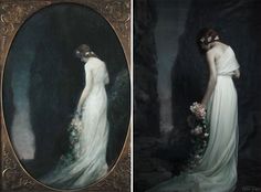 two paintings of women in white dresses, one with flowers on her head and the other with