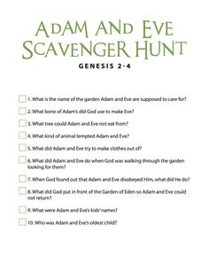 the adam and eve scavenger hunt is shown in this printable question sheet