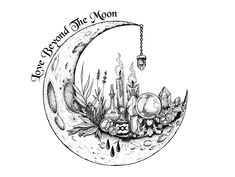 a drawing of the moon with plants and candles hanging from it's side, which reads love you to the moon