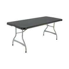 a rectangular table with black top and metal frame legs, on an isolated white background