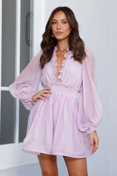 Length from shoulder to hem of size S: 80cm. Chest 41cm, Waist 34cm, across front only of size S. Mini dress. Bodice and skirt lined. Sleeves unlined. Easy slip-on. Back neck tie with toggle ends. Shirred waist and cuffs. Mini frilled front and back neckline, upper waist and cuffs. Plunge front and back neckline. Crinoline hem to create volume. Blouson sleeves with gathers at shoulder and internal puff. Lightweight woven lavender fabric. Cold hand wash. Main: Lyocell/Nylon Lining: Polyester/Span Lavender Fabric, First Day Outfit, Dress Bodice, Dress Lavender, Romantic Fantasy, Bridal Shower Dress, Shower Dresses, Jumpsuits And Romper, Graduation Outfit