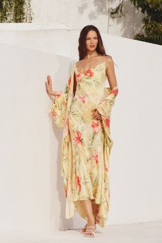 Sunset Garden Cowl Neck Midi Dress Summer Satin Maxi Dress With Square Neck, Satin Spaghetti Strap Dress For Garden Party, Spring Satin Maxi Dress With Square Neck, Spring Square Neck Satin Maxi Dress, Spring Silk Bias Cut Dress, Summer Silk Midi Dress With Square Neck, Summer Silk Slip Dress With Floral Print, Summer Silk Dress For Garden Party, Summer Silk Maxi Dress With Square Neck