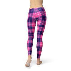 "Introducing our Buffalo Plaid Leggings For Women that have a classic on style look for any season. Featuring a classic buffalo plaid design in a wonderful purple and pink color scheme combined with a super soft comfy fabric, these bottoms are the perfect heartwarming style for any season. Pair them with a fuzzy black sweater and boots for a chic casual chilly day ensemble, or create an edgy look for any time of the year with a neutral colored tank and leather jacket. These premium full length w Casual Snug Fit Sports Leggings, Casual Snug Fit Leggings For Sports, Casual Sports Leggings With Snug Fit, Casual Tight Leggings For Pilates, Casual Tights For Pilates, Casual Fitted Leggings For Pilates, Pink Tight Leggings For Fall, Casual Snug Fit Tights For Yoga, Sporty Footless Leggings For Sports