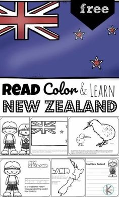 the new zealand flag is shown with text reading read color and learn in new zealand