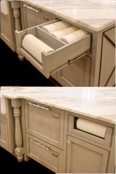 two pictures of an open drawer in a kitchen cabinet with marble counter tops and drawers