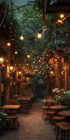 an alleyway with tables and chairs covered in lights, potted plants and flowers