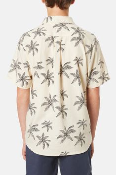 The Mai Tai Shirt features a custom palm print atop a breathable cotton/linen button-up woven shirt. 60% cotton / 40% viscose blend Allover palm print Pocket at left chest Garment washed Clean-finished interior Model is 5'4, 110lbs and wears a size L Relaxed Cotton Top With Palm Tree Print, White Relaxed Fit Cotton Hawaiian Shirt, White Tropical Cotton Shirt, Tropical Style White Camp Shirt With Relaxed Fit, White Tropical Camp Shirt With Relaxed Fit, Casual White Shirt With Palm Tree Print, White Cotton Tropical Camp Shirt, White Relaxed Fit Tropical Camp Shirt, White Tropical Cotton Camp Shirt