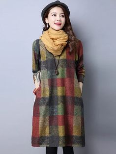 RETRO PLAID THICKEN WOOLEN MINI DRESS - rrdeye Plaid Cotton Dress For Winter, Casual Patchwork Dresses For Winter, Casual Long Sleeve Plaid Dress For Fall, Multicolor Knee-length Winter Dress, Casual Plaid Dress For Fall, Long Sleeve Plaid Dress For Winter, Long Sleeve Cotton Plaid Dress For Fall, Fall Patchwork Mini Dresses, Plaid Patchwork Dress For Fall