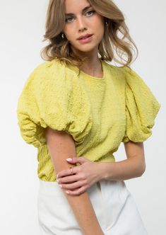 Make a statement in this bright and bold Puff Sleeve Textured Top! With a playful bubble sleeve, crew neckline, and lightweight textured fabric, this top offers both style and comfort. Its relaxed fit makes it the perfect choice to wear from work to date night. Stand out in the striking chartreuse yellow hue. Puff Blouse Outfit, Blouse Outfit Work, Puff Blouse, Textured Top, Bubble Sleeve, Wardrobe Ideas, Night Stand, Blouse Outfit, Spring Dress