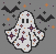 a cross - stitch pattern with a white ghost in the middle and bats around it