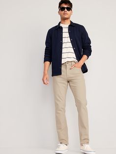 Slim Five-Pocket Pants | Old Navy Beige Jeans With Patch Pockets For Work, Straight Pants With Welt Pockets For Fall, Fall Straight Pants With Welt Pockets, Utility Style Pants With Button Closure For Fall, Utility Pants With Button Closure For Fall, Fall Utility Pants With Button Closure, Fall Straight Bottoms With Button Closure, Utility Style Beige Bottoms With Welt Pockets, Everyday Button-up Jeans With Pockets