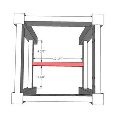 the measurements for an end table are shown in red and white, with one side missing