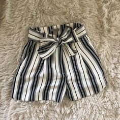 H&M. White High-Waisted, Black-Striped Shorts. Loose & Flowy. Super Comfortable. Cute Removable Tie Belt. Never Worn. Gained Some Weight, So They Don’t Fit Me Anymore. Short Length Bottoms With Banded Waist For Day Out, High Waist Bottoms With Banded Waist For Day Out, Trendy Banded Waist Shorts, Trendy Short Bottoms With Banded Waist, Summer High Waist Bottoms With Banded Waist, White Shorts With Banded Waist For Summer, Summer White Shorts With Banded Waist, White Summer Shorts With Banded Waist, Chic Striped High-waisted Shorts