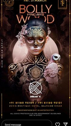 a flyer for a festival with an image of a woman and owl on her face