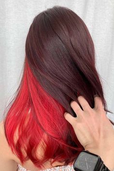 Brown And Red Hair Peekaboo, Dark Red Peekaboo Hair, Grunge Red Hair, Red Hair Undercut, Red And Black Hair Ideas, Dye Hairstyles, Hair Color Combinations, Black Hair Ideas, Red Purple Hair