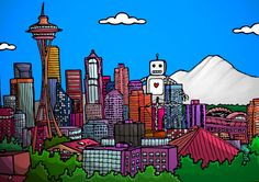 an image of a cartoon city skyline with mountains in the background and trees on the foreground