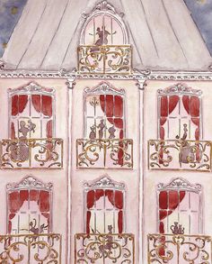 a painting of a pink house with red curtains on the windows and gold trimmings