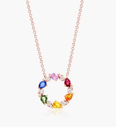 Sapphires of all colors are harmonically arranged to create this vibrant and elegant pendant necklace. Elegant Pendant, Jewelry Pendants, Sapphire Necklace, Gemstone Necklace, All Colors, Pendant Jewelry, All The Colors, Sapphire, Multi Color