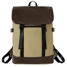 a tan and brown backpack with black straps