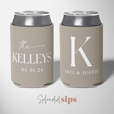 two can coolers with the letter k on each one and an initial in white