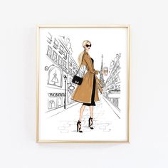 a drawing of a woman in a trench coat and heels walking down the street with a handbag