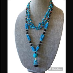 Beautiful, Southwestern Style Multi Strand Mix, Gem Necklace 2 Necklaces 18” Adjustable Multi-strand Turquoise Blue Necklace, Bohemian Blue Beaded Necklaces With Natural Stones, Blue Bohemian Beaded Necklace With Natural Stones, Blue Adjustable Long Necklace, Beaded Blue Turquoise Lariat Necklace, Blue Beaded Turquoise Lariat Necklace, Blue Beaded Lariat Turquoise Necklace, Bohemian Blue Turquoise Necklace With Natural Stones, Bohemian Blue Gemstone Beaded Necklaces