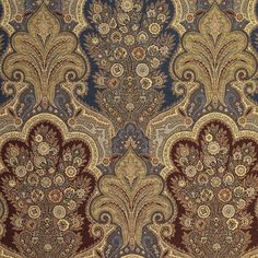 an intricately designed wallpaper with blue and brown colors, including paisley designs on the side