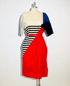 "Rare and beautiful Pierre Cardin Dress  Vintage from the 1989's  Abstract color lock design Made from a cotton and linen blend fabric  Bold colors and shapes  Shoulder pads  Optional belt  Pockets  Shift silhouette  Would best fit a size Small pit to pit - 20.5\" waist -  up to 39\" hips - up to 20\" dress length - 40\"" Space Wizard, Pierre Cardin Dress, 1980’s Fashion, Color Locks, Lock Design, Abstract Color, Hip Ups, 20's Dress, Pierre Cardin